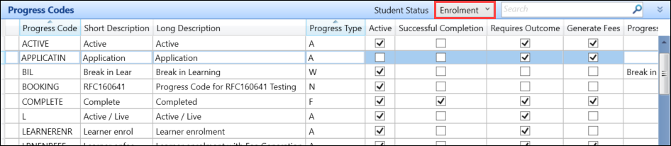 'Enrolment' selected from the Student Status drop-down